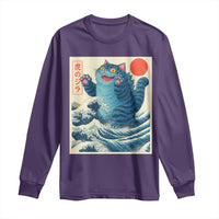 Blue Catzilla Cat Japanese Art Long Sleeve Shirt Kawaii Demon Tiger Funny Kitty Dad Gifts - Wonder Print Shop