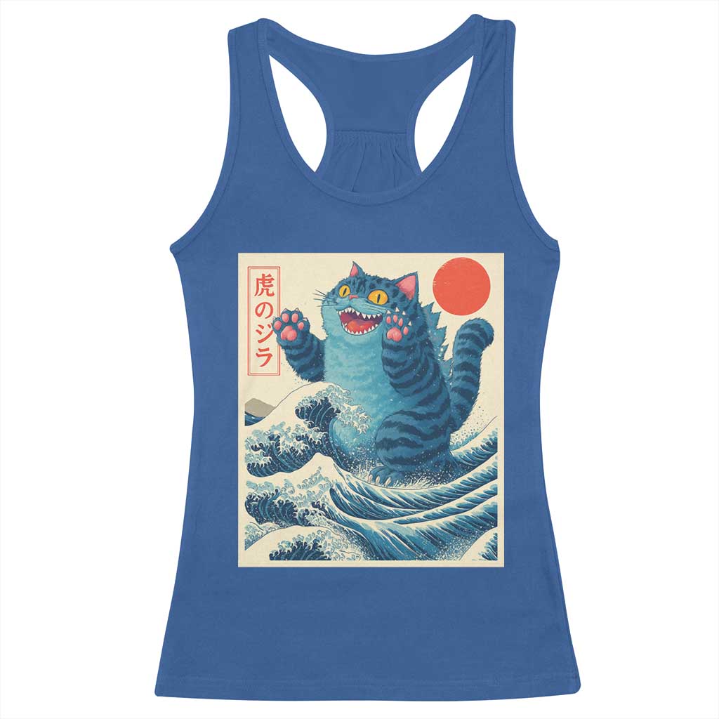 Blue Catzilla Cat Japanese Art Racerback Tank Top Kawaii Demon Tiger Funny Kitty Dad Gifts - Wonder Print Shop
