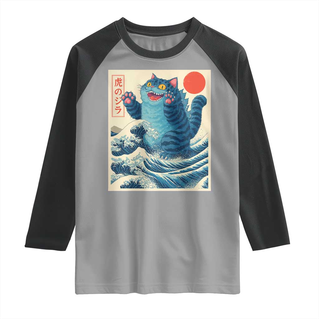 Blue Catzilla Cat Japanese Art Raglan Shirt Kawaii Demon Tiger Funny Kitty Dad Gifts - Wonder Print Shop