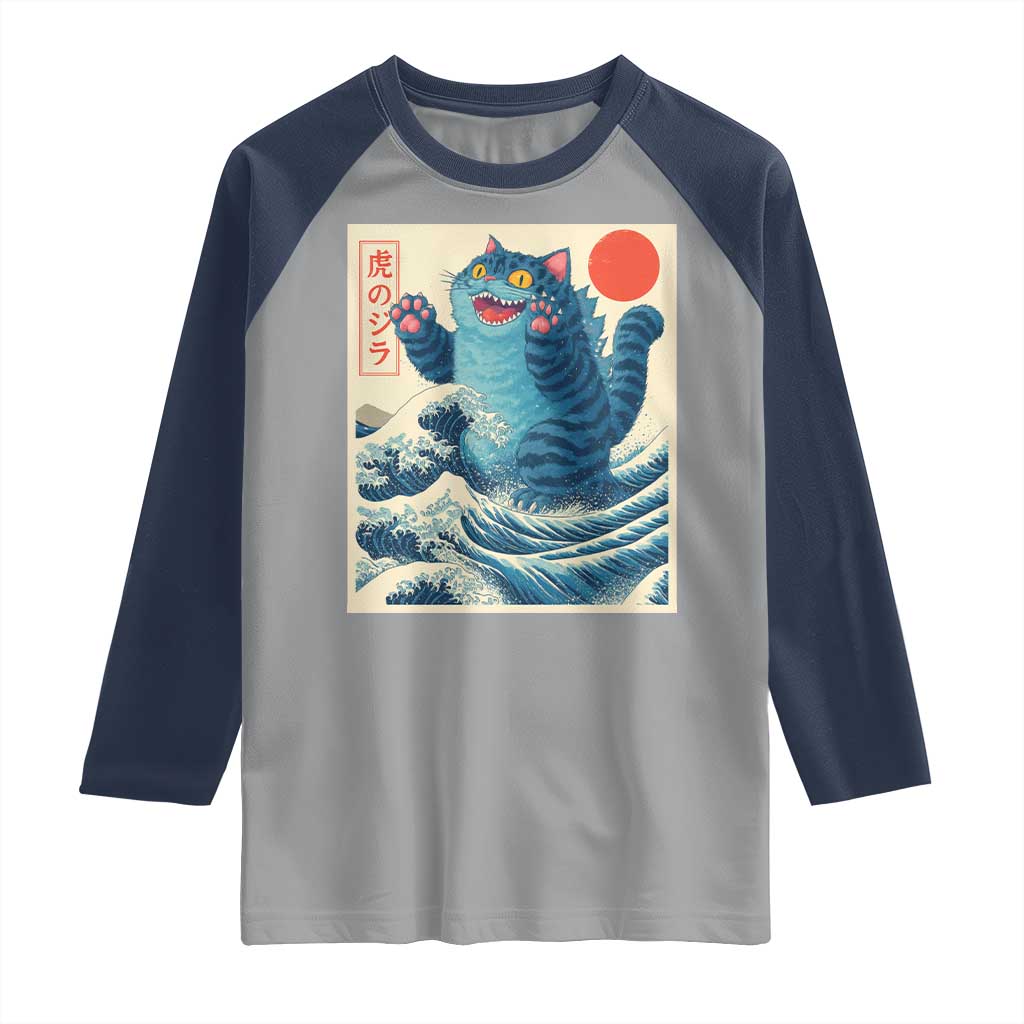Blue Catzilla Cat Japanese Art Raglan Shirt Kawaii Demon Tiger Funny Kitty Dad Gifts - Wonder Print Shop