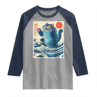 Blue Catzilla Cat Japanese Art Raglan Shirt Kawaii Demon Tiger Funny Kitty Dad Gifts - Wonder Print Shop