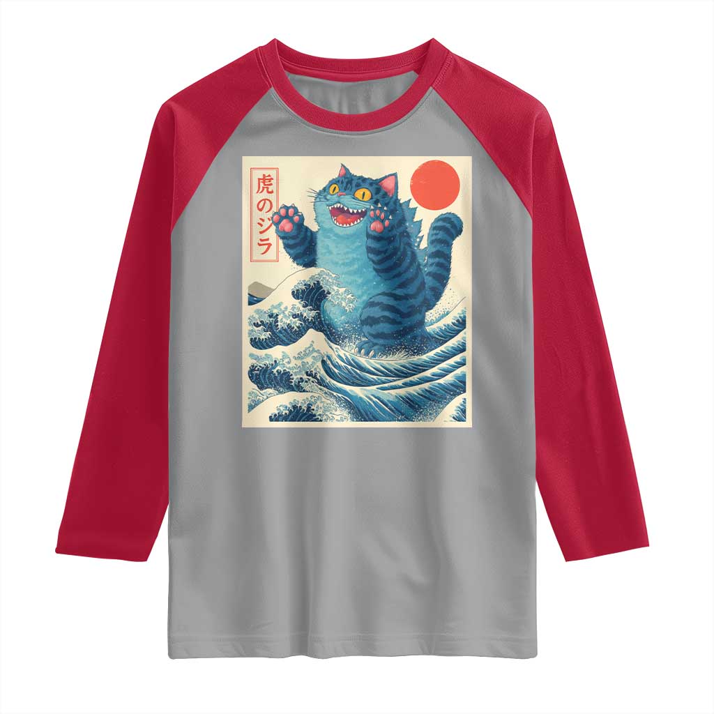 Blue Catzilla Cat Japanese Art Raglan Shirt Kawaii Demon Tiger Funny Kitty Dad Gifts - Wonder Print Shop