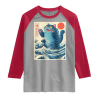 Blue Catzilla Cat Japanese Art Raglan Shirt Kawaii Demon Tiger Funny Kitty Dad Gifts - Wonder Print Shop