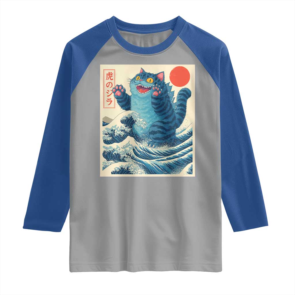 Blue Catzilla Cat Japanese Art Raglan Shirt Kawaii Demon Tiger Funny Kitty Dad Gifts - Wonder Print Shop