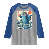 Blue Catzilla Cat Japanese Art Raglan Shirt Kawaii Demon Tiger Funny Kitty Dad Gifts - Wonder Print Shop