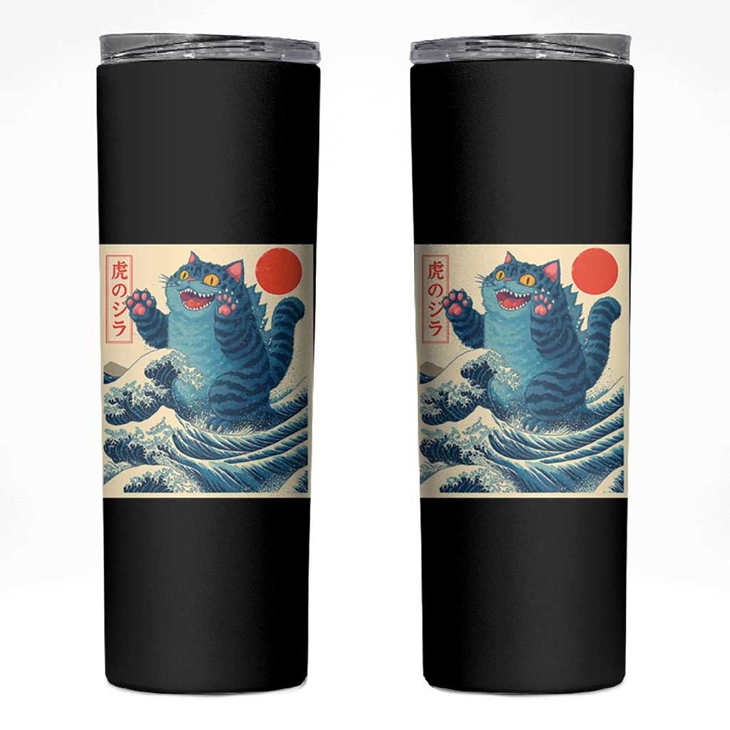 Blue Catzilla Cat Japanese Art Skinny Tumbler Kawaii Demon Tiger Funny Kitty Dad Gifts - Wonder Print Shop