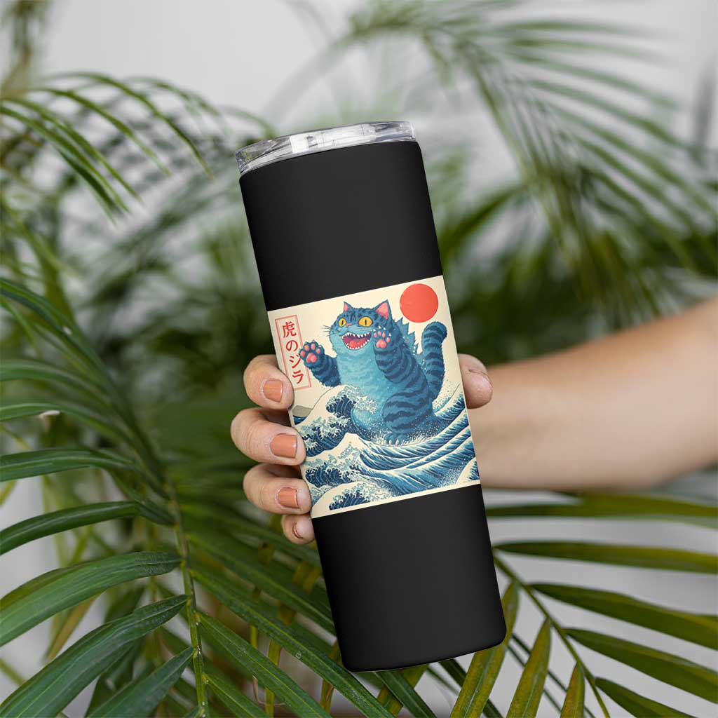 Blue Catzilla Cat Japanese Art Skinny Tumbler Kawaii Demon Tiger Funny Kitty Dad Gifts - Wonder Print Shop