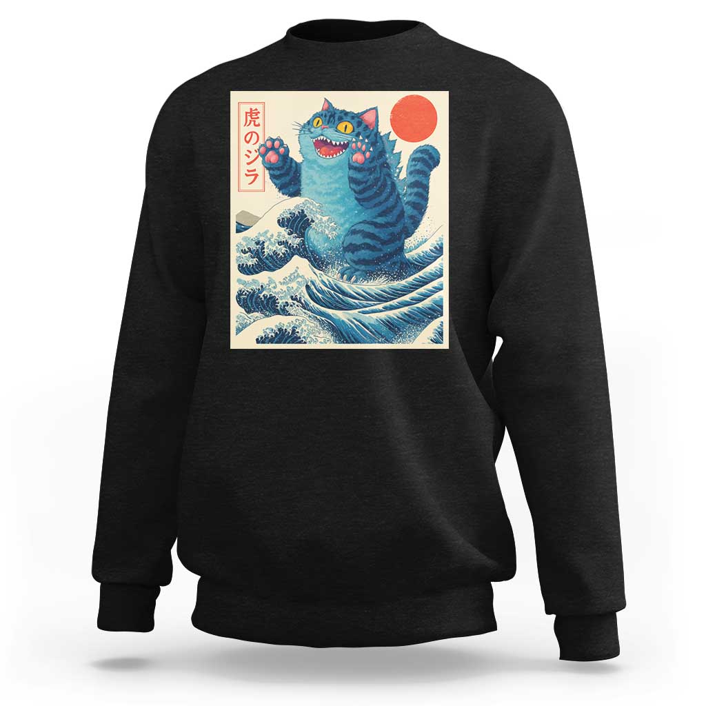 Blue Catzilla Cat Japanese Art Sweatshirt Kawaii Demon Tiger Funny Kitty Dad Gifts - Wonder Print Shop