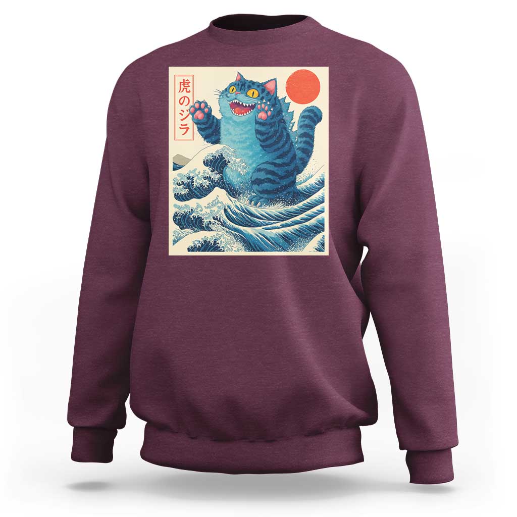 Blue Catzilla Cat Japanese Art Sweatshirt Kawaii Demon Tiger Funny Kitty Dad Gifts - Wonder Print Shop