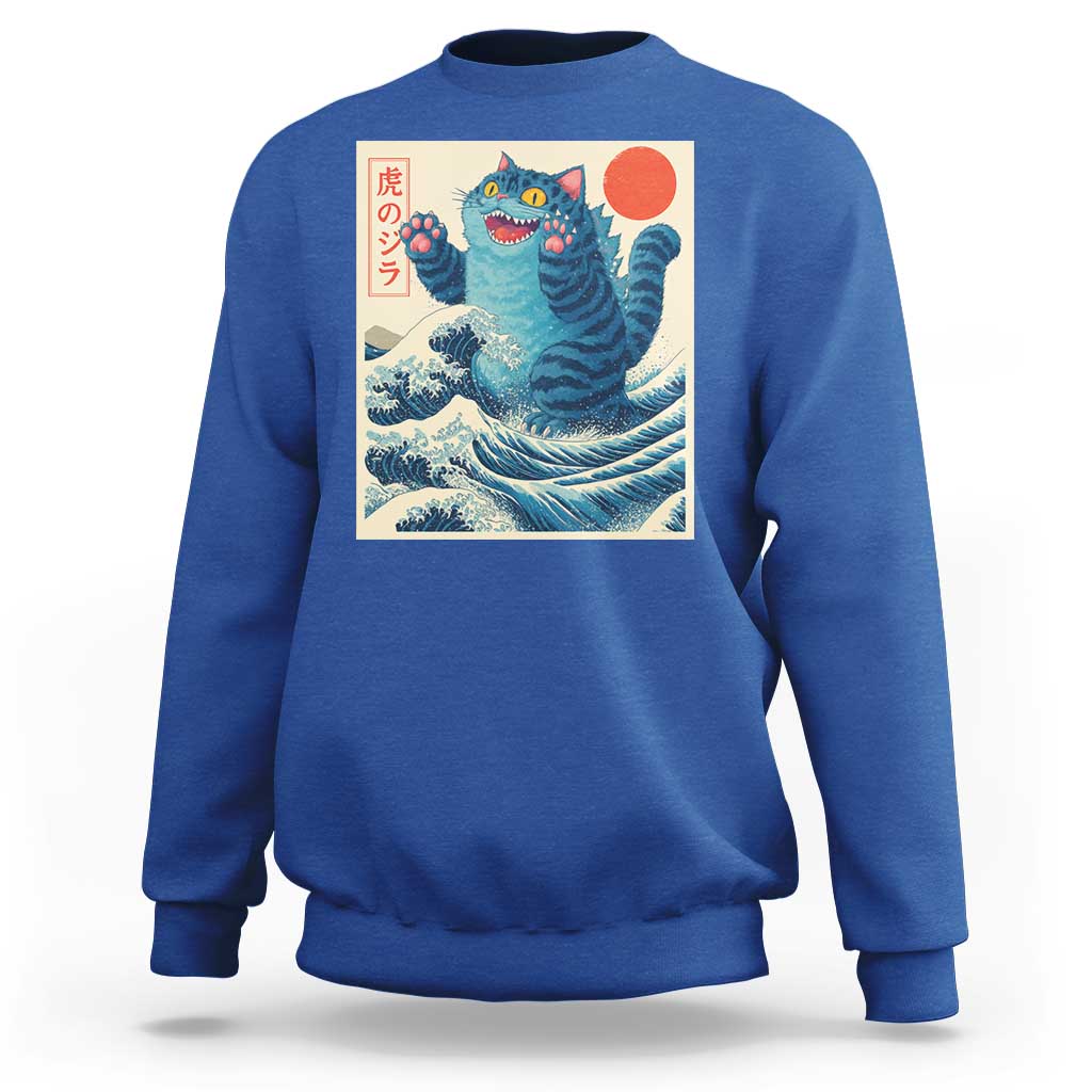 Blue Catzilla Cat Japanese Art Sweatshirt Kawaii Demon Tiger Funny Kitty Dad Gifts - Wonder Print Shop