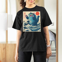 Blue Catzilla Cat Japanese Art T Shirt For Women Kawaii Demon Tiger Funny Kitty Dad Gifts - Wonder Print Shop