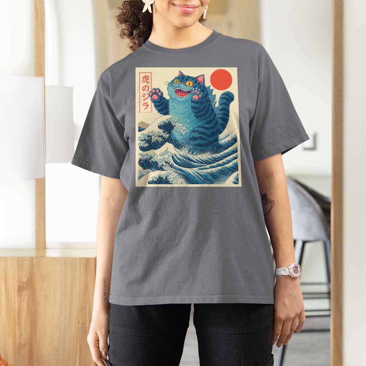Blue Catzilla Cat Japanese Art T Shirt For Women Kawaii Demon Tiger Funny Kitty Dad Gifts - Wonder Print Shop