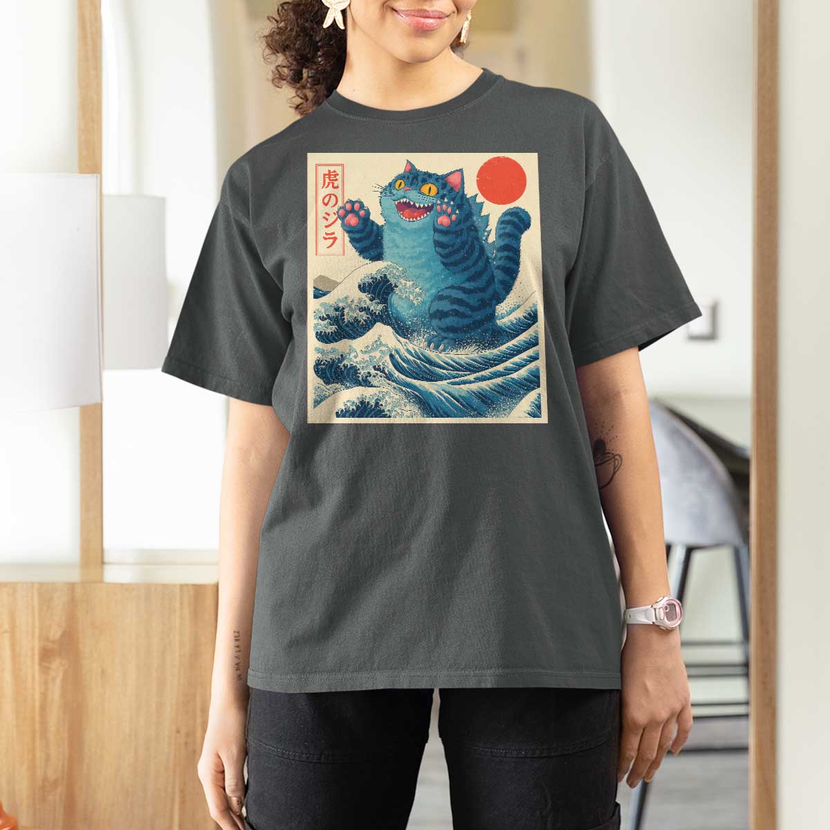 Blue Catzilla Cat Japanese Art T Shirt For Women Kawaii Demon Tiger Funny Kitty Dad Gifts - Wonder Print Shop