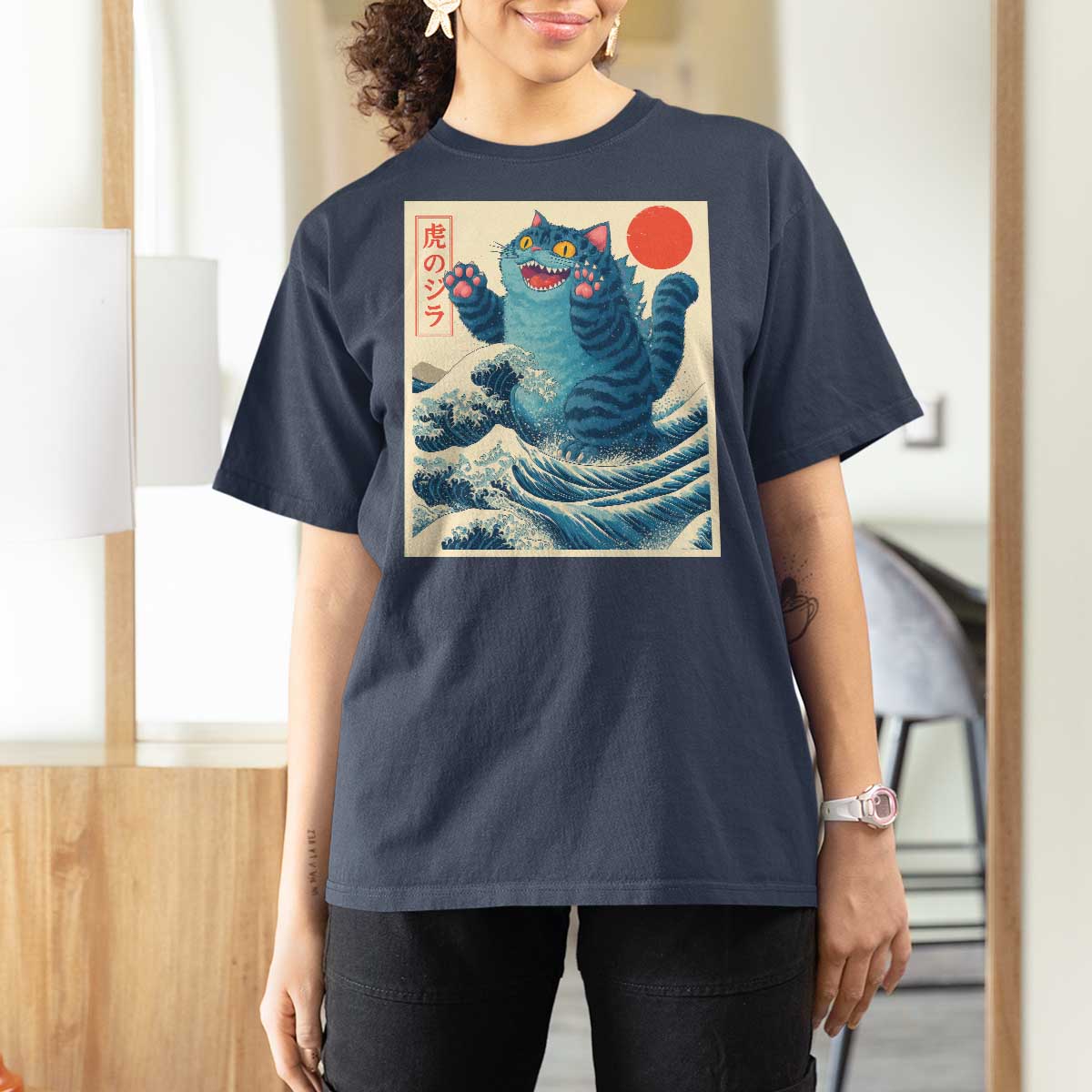 Blue Catzilla Cat Japanese Art T Shirt For Women Kawaii Demon Tiger Funny Kitty Dad Gifts - Wonder Print Shop