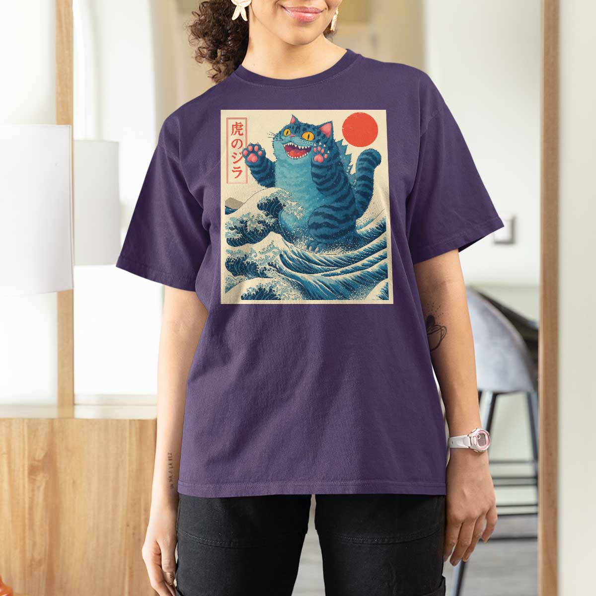 Blue Catzilla Cat Japanese Art T Shirt For Women Kawaii Demon Tiger Funny Kitty Dad Gifts - Wonder Print Shop