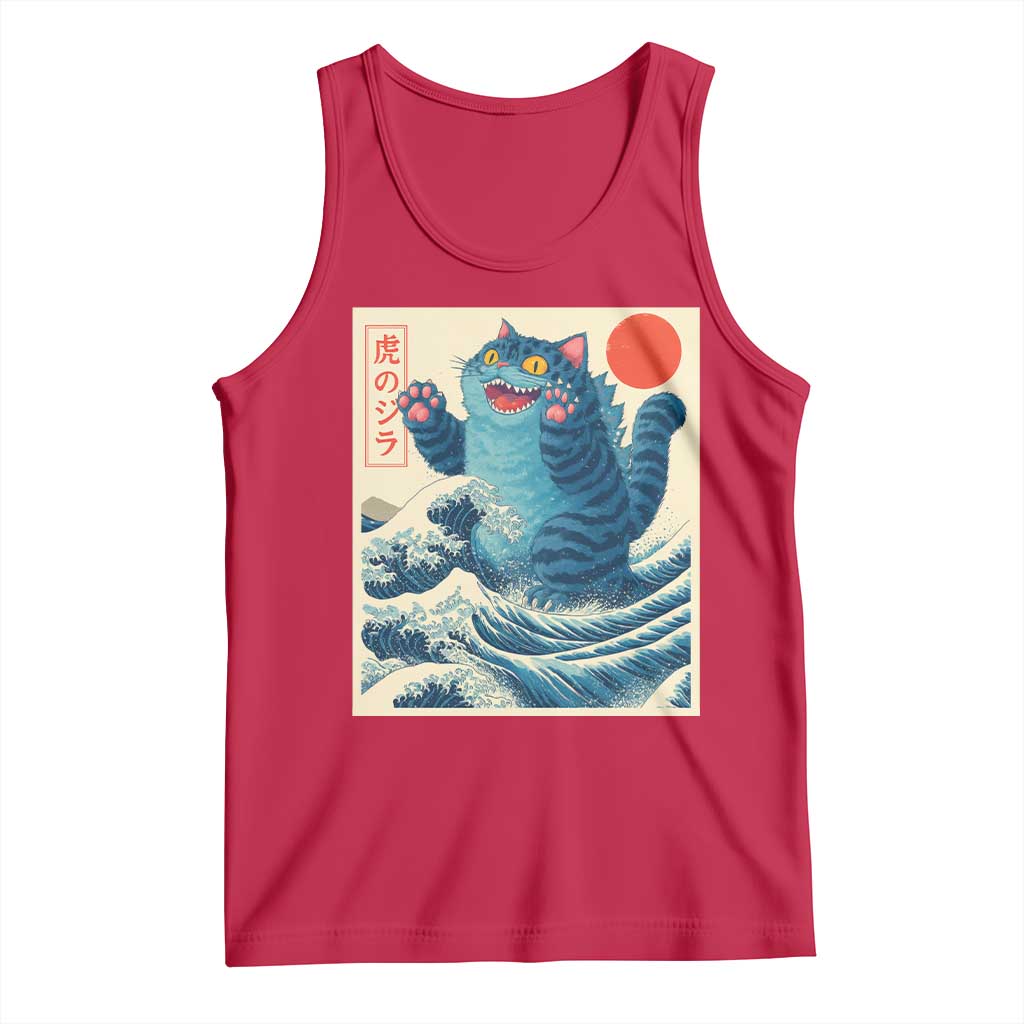 Blue Catzilla Cat Japanese Art Tank Top Kawaii Demon Tiger Funny Kitty Dad Gifts - Wonder Print Shop