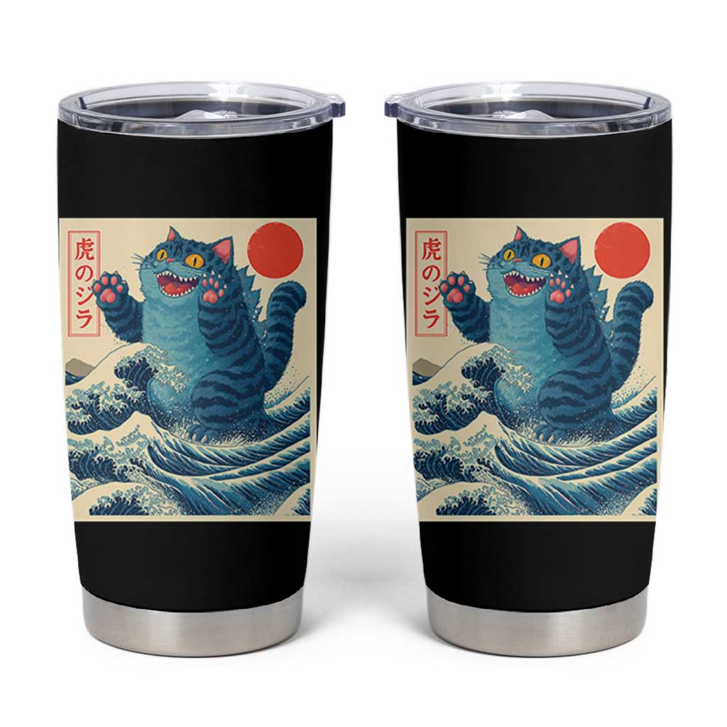 Blue Catzilla Cat Japanese Art Tumbler Cup Kawaii Demon Tiger Funny Kitty Dad Gifts - Wonder Print Shop