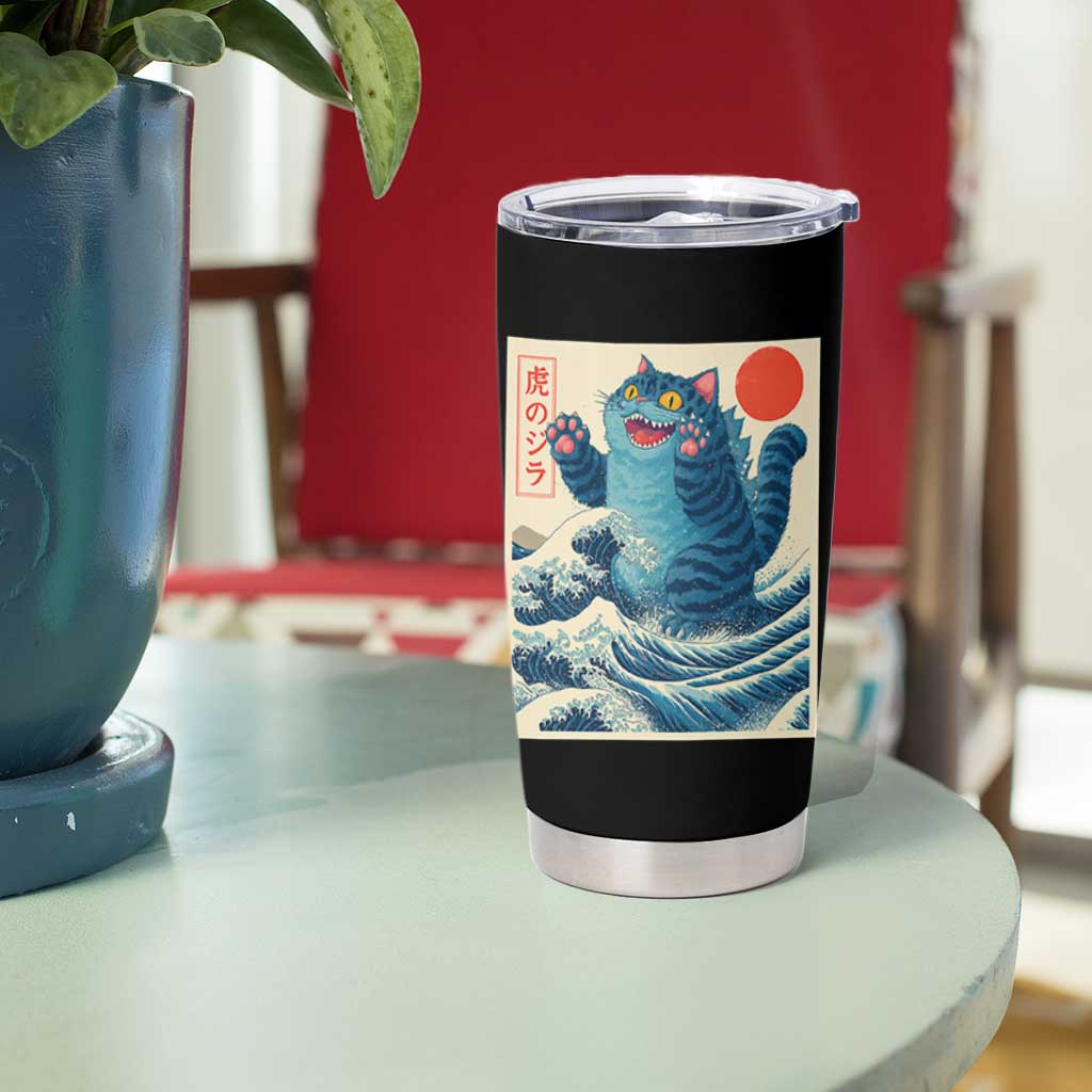 Blue Catzilla Cat Japanese Art Tumbler Cup Kawaii Demon Tiger Funny Kitty Dad Gifts - Wonder Print Shop