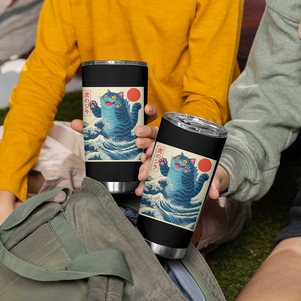 Blue Catzilla Cat Japanese Art Tumbler Cup Kawaii Demon Tiger Funny Kitty Dad Gifts - Wonder Print Shop
