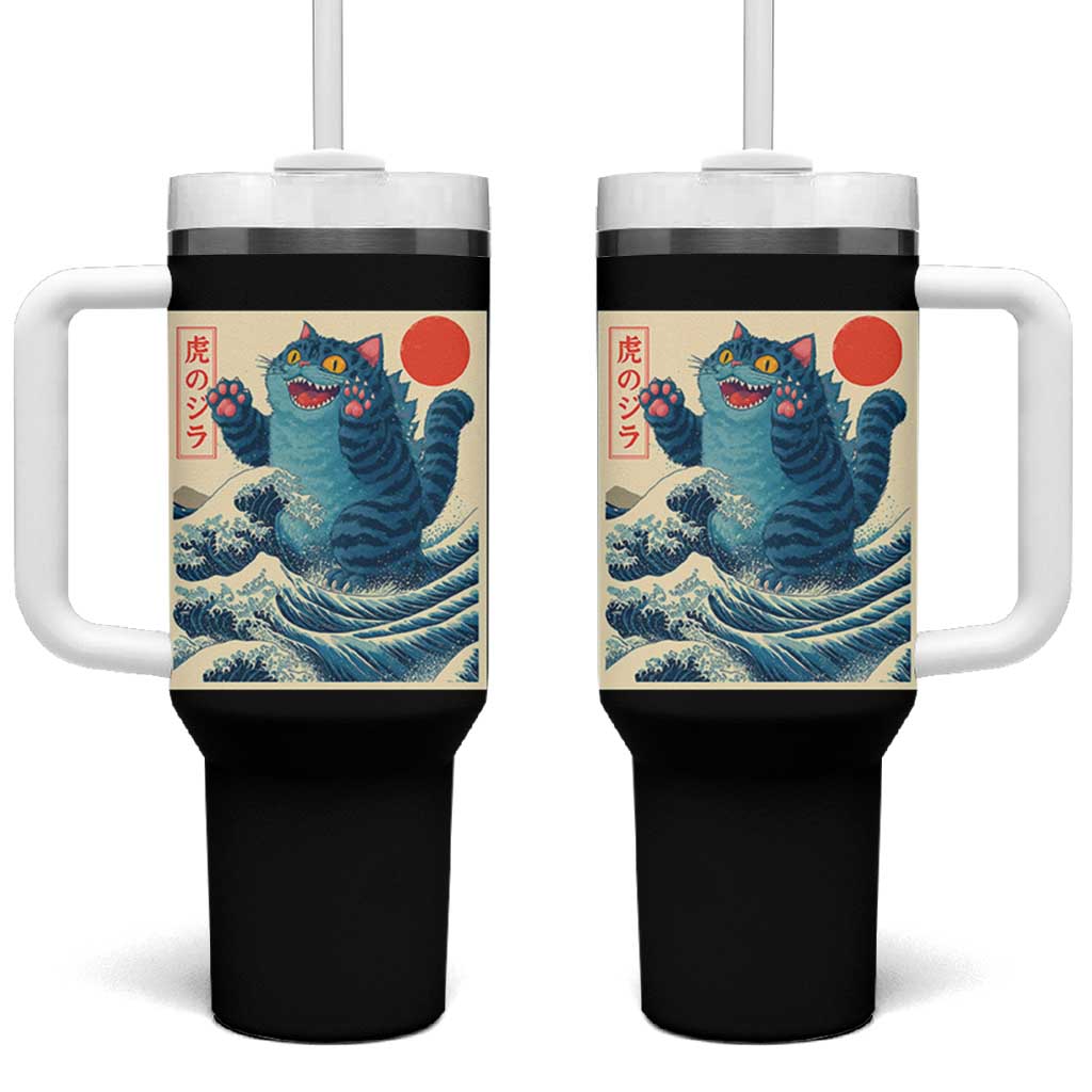 Blue Catzilla Cat Japanese Art Tumbler With Handle Kawaii Demon Tiger Funny Kitty Dad Gifts - Wonder Print Shop
