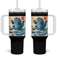 Blue Catzilla Cat Japanese Art Tumbler With Handle Kawaii Demon Tiger Funny Kitty Dad Gifts - Wonder Print Shop