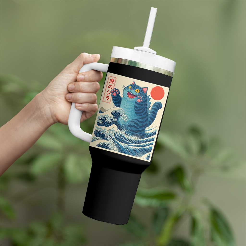 Blue Catzilla Cat Japanese Art Tumbler With Handle Kawaii Demon Tiger Funny Kitty Dad Gifts - Wonder Print Shop