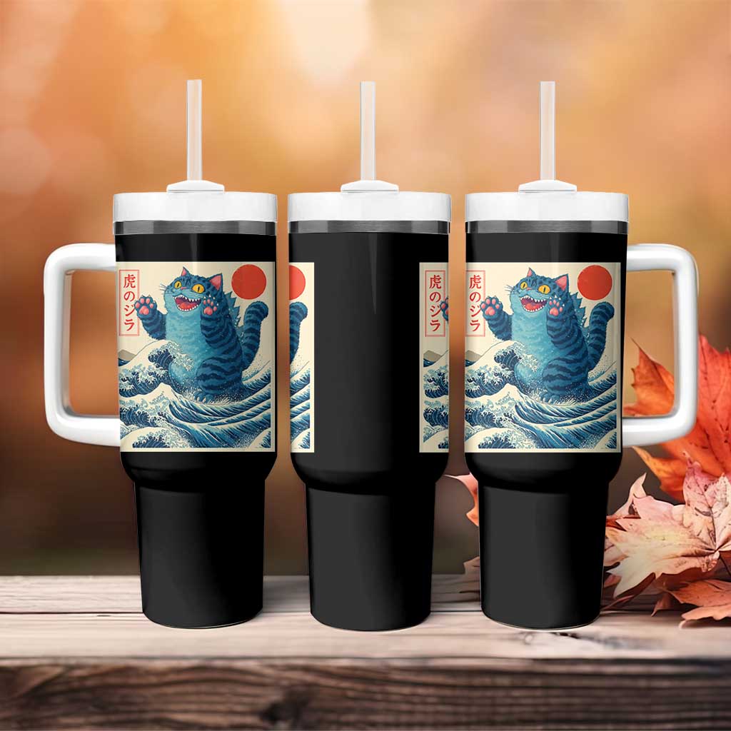 Blue Catzilla Cat Japanese Art Tumbler With Handle Kawaii Demon Tiger Funny Kitty Dad Gifts - Wonder Print Shop