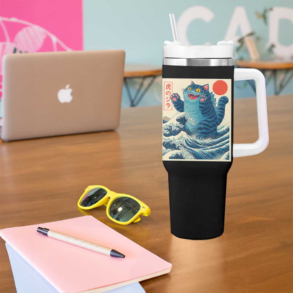 Blue Catzilla Cat Japanese Art Tumbler With Handle Kawaii Demon Tiger Funny Kitty Dad Gifts - Wonder Print Shop