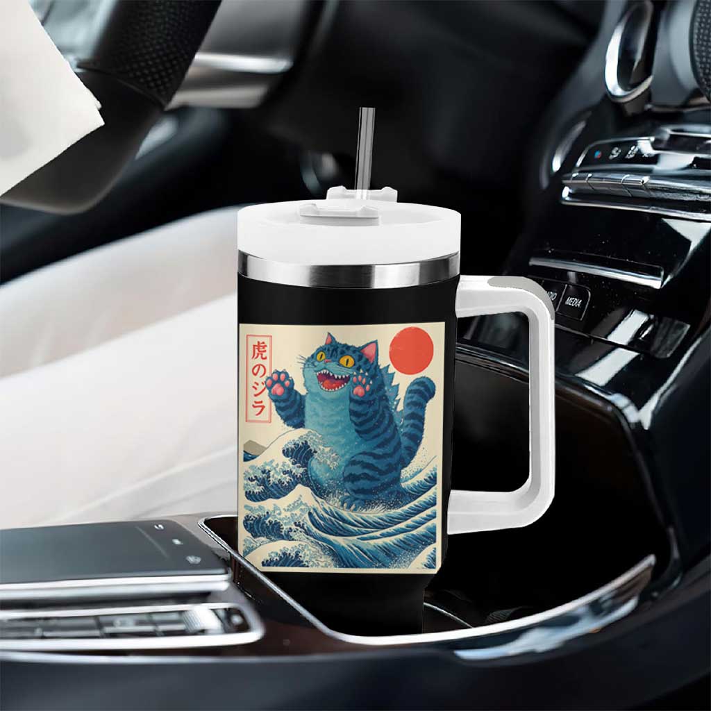 Blue Catzilla Cat Japanese Art Tumbler With Handle Kawaii Demon Tiger Funny Kitty Dad Gifts - Wonder Print Shop