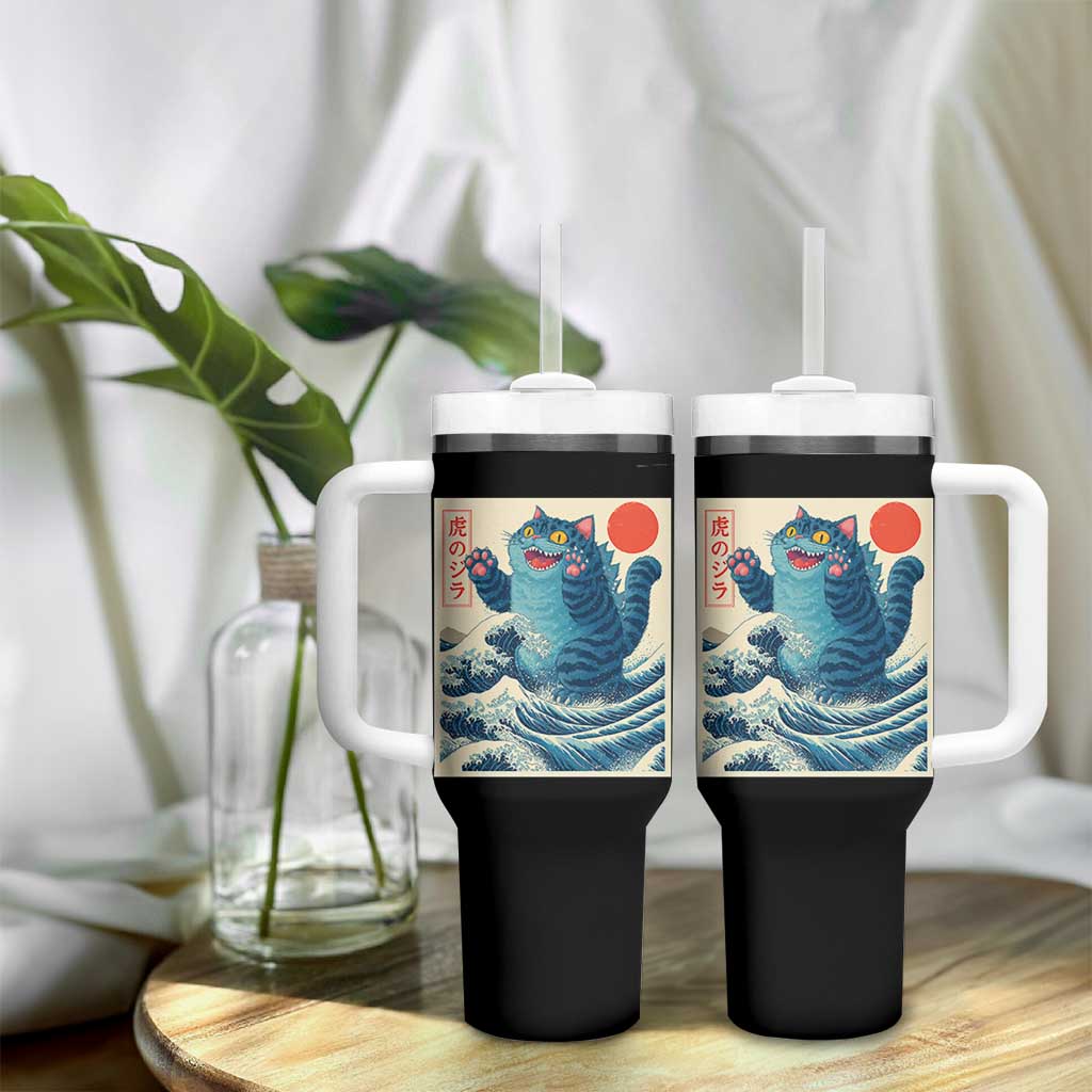 Blue Catzilla Cat Japanese Art Tumbler With Handle Kawaii Demon Tiger Funny Kitty Dad Gifts - Wonder Print Shop