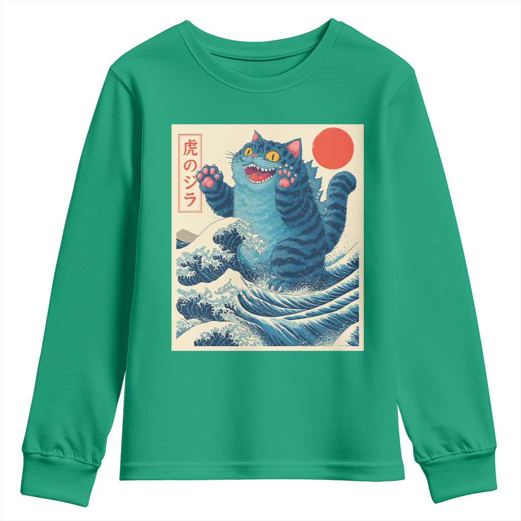 Blue Catzilla Cat Japanese Art Youth Sweatshirt Kawaii Demon Tiger Funny Kitty Dad Gifts - Wonder Print Shop