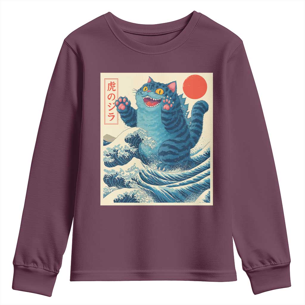 Blue Catzilla Cat Japanese Art Youth Sweatshirt Kawaii Demon Tiger Funny Kitty Dad Gifts - Wonder Print Shop
