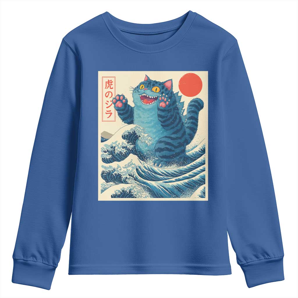 Blue Catzilla Cat Japanese Art Youth Sweatshirt Kawaii Demon Tiger Funny Kitty Dad Gifts - Wonder Print Shop