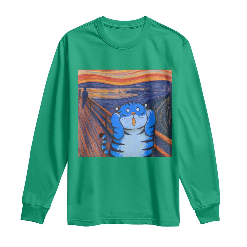 Blue Tiger Scream Long Sleeve Shirt Cute Animal Anime Demon Aesthetic Painting - Wonder Print Shop