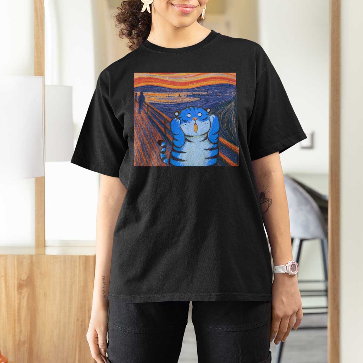 Blue Tiger Scream T Shirt For Women Cute Animal Anime Demon Aesthetic Painting - Wonder Print Shop