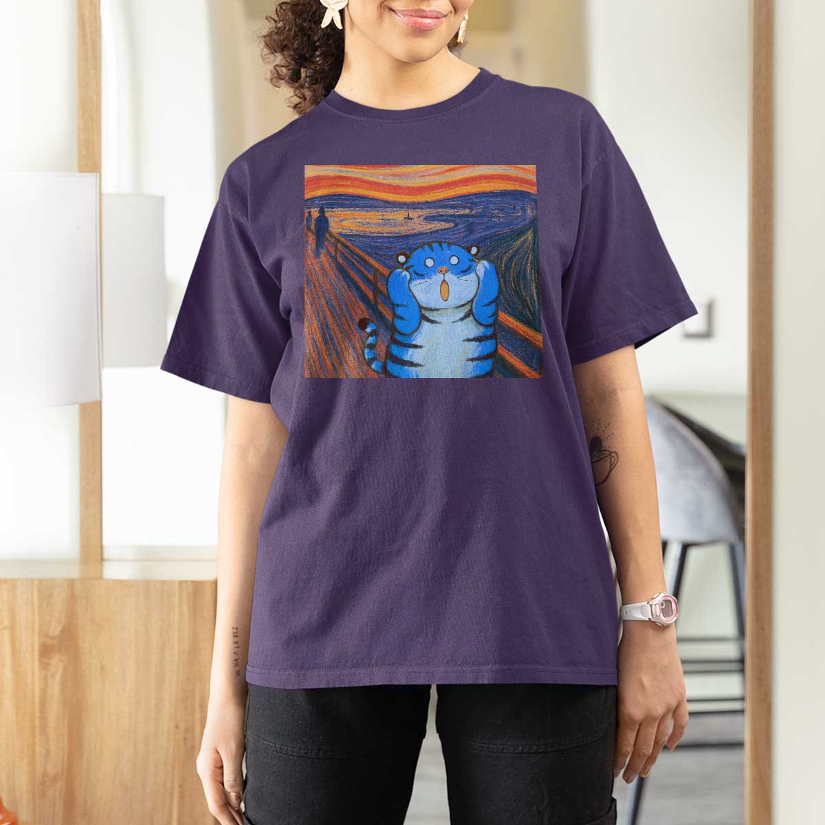 Blue Tiger Scream T Shirt For Women Cute Animal Anime Demon Aesthetic Painting - Wonder Print Shop