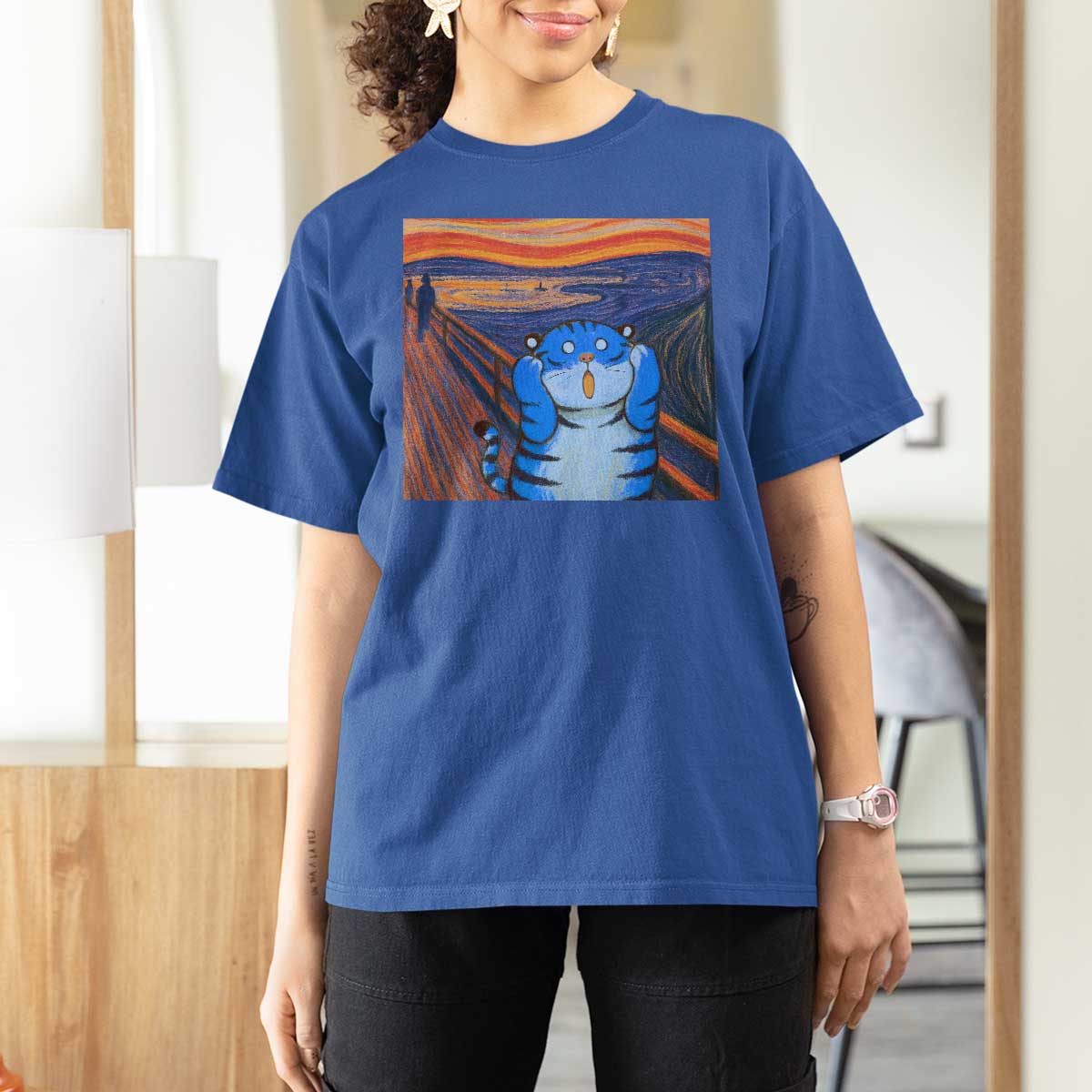 Blue Tiger Scream T Shirt For Women Cute Animal Anime Demon Aesthetic Painting - Wonder Print Shop
