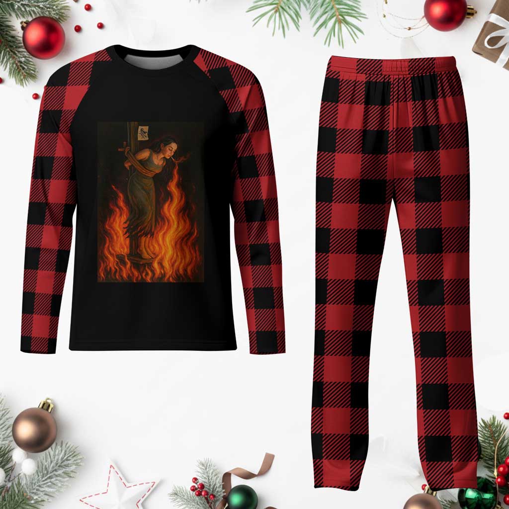 Funny Halloween Witch Plaid Pajama Set Witch Lighting Cigarette With Flames Occult Unholy - Wonder Print Shop