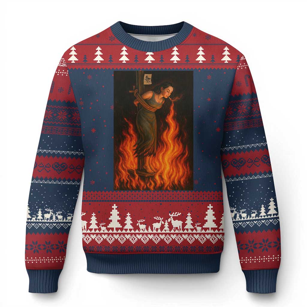 Funny Halloween Witch Ugly Christmas Sweater Witch Lighting Cigarette With Flames Occult Unholy - Wonder Print Shop
