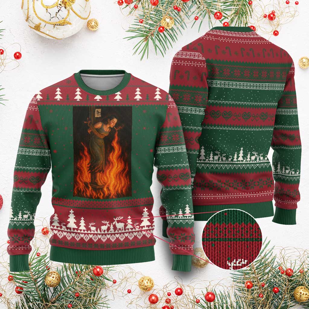 Funny Halloween Witch Ugly Christmas Sweater Witch Lighting Cigarette With Flames Occult Unholy - Wonder Print Shop