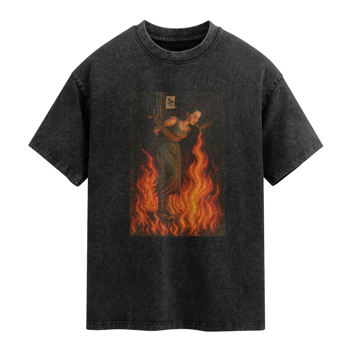 Funny Halloween Witch Washed Cotton T-Shirt Witch Lighting Cigarette With Flames Occult Unholy