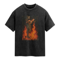 Funny Halloween Witch Washed Cotton T-Shirt Witch Lighting Cigarette With Flames Occult Unholy