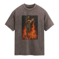 Funny Halloween Witch Washed Cotton T-Shirt Witch Lighting Cigarette With Flames Occult Unholy