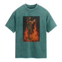Funny Halloween Witch Washed Cotton T-Shirt Witch Lighting Cigarette With Flames Occult Unholy