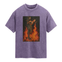Funny Halloween Witch Washed Cotton T-Shirt Witch Lighting Cigarette With Flames Occult Unholy
