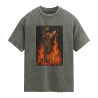 Funny Halloween Witch Washed Cotton T-Shirt Witch Lighting Cigarette With Flames Occult Unholy