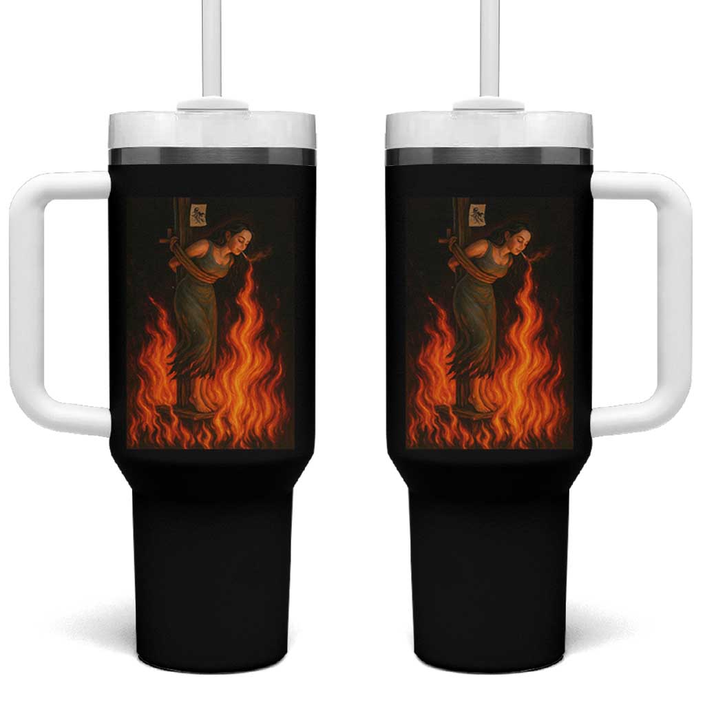 Funny Halloween Witch Tumbler With Handle Witch Lighting Cigarette With Flames Occult Unholy - Wonder Print Shop