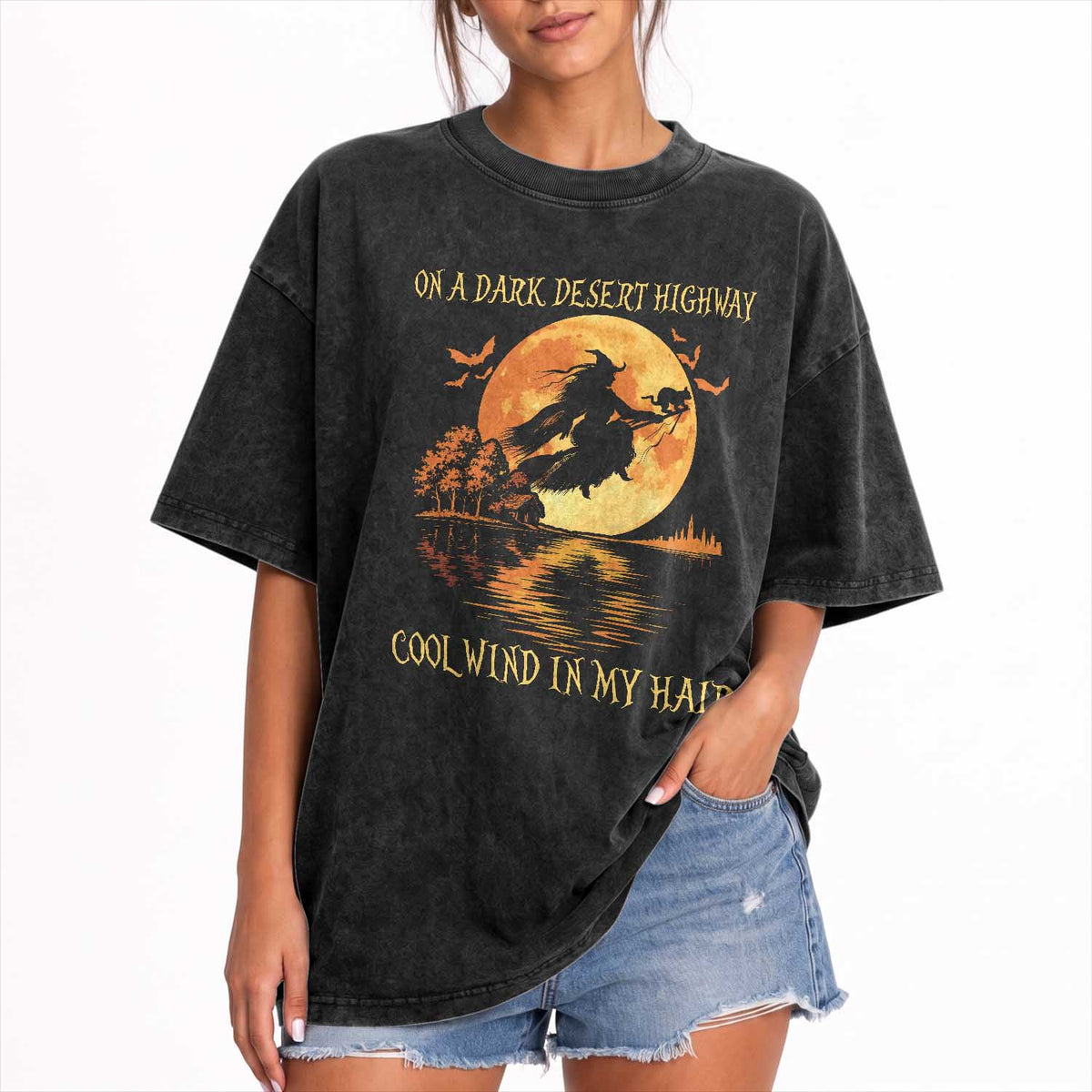 Funny Witch Washed Cotton T-Shirt On A Dark Desert Highway Cool Wind In My Hair
