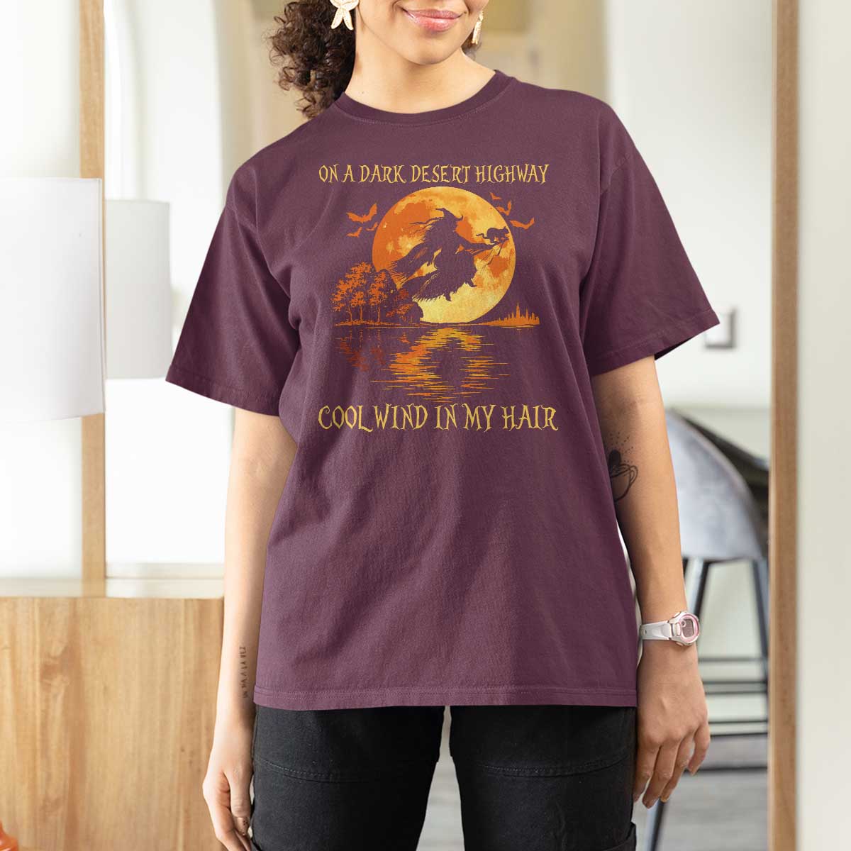Funny Witch T Shirt For Women On A Dark Desert Highway Cool Wind In My Hair - Wonder Print Shop