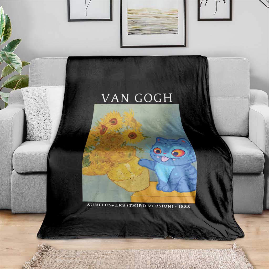 Van Gogh Kpop Fan Throw Blanket Blue Tiger Vintage Art Sunflower Cat